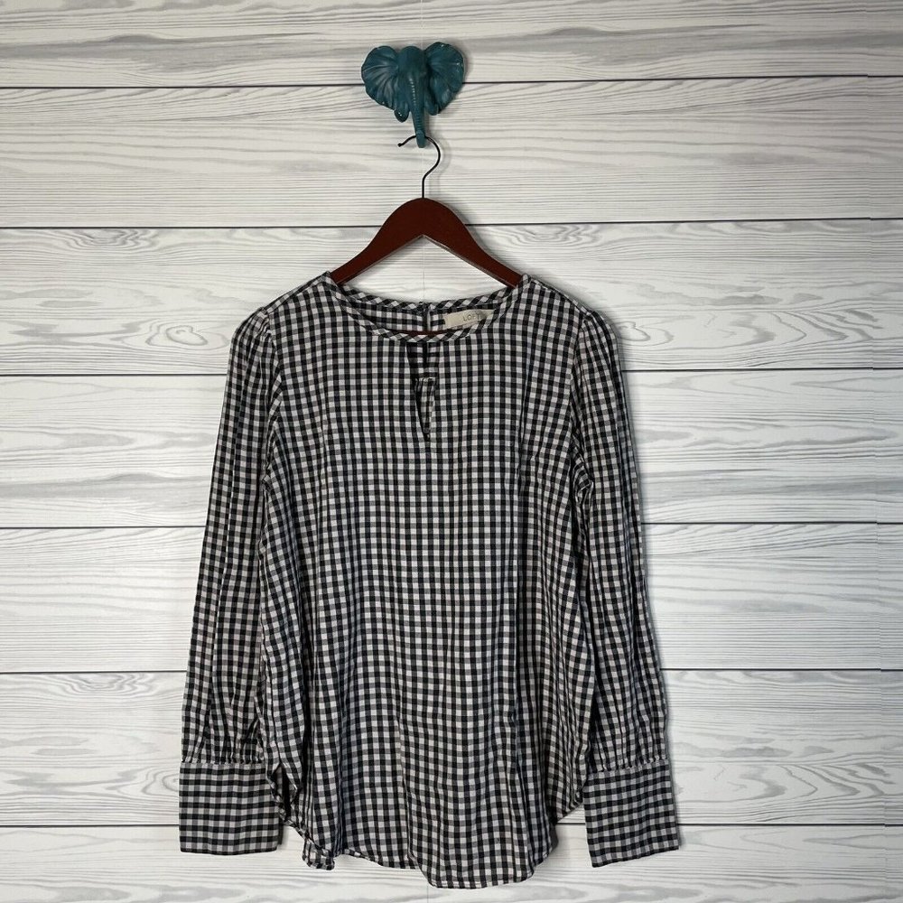 Loft Gray Cream Gingham Plaid Keyhole Long Slv Light Flannel Blouse Top Medium